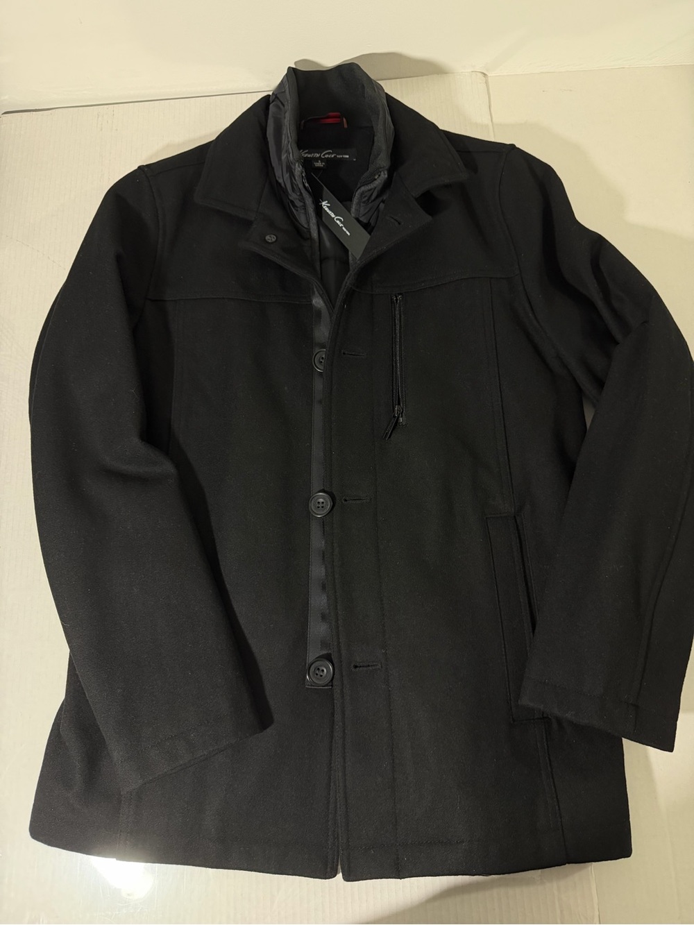 Kenneth Cole New York Black Men's Pea Coat with Zip Chest Pocket size small NWT